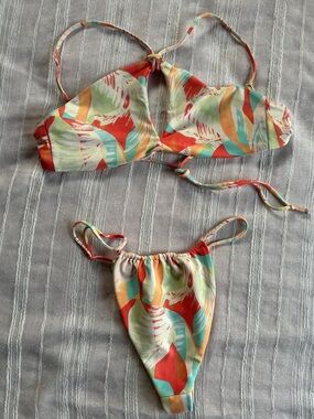 SKATIE Ella String Bikini Set Tropical Palm Cheeky Two Piece Swimsuit | S